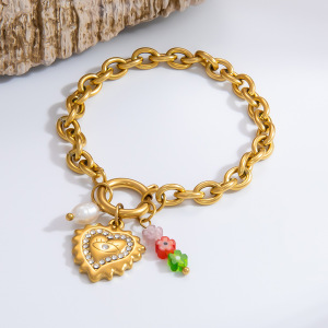 Bracelet À Breloques Pour Femme, Série Classique, En Acier Inoxydable Plaqué Or , Avec Strass, Motif Cœur Quotidien h5 Image8
