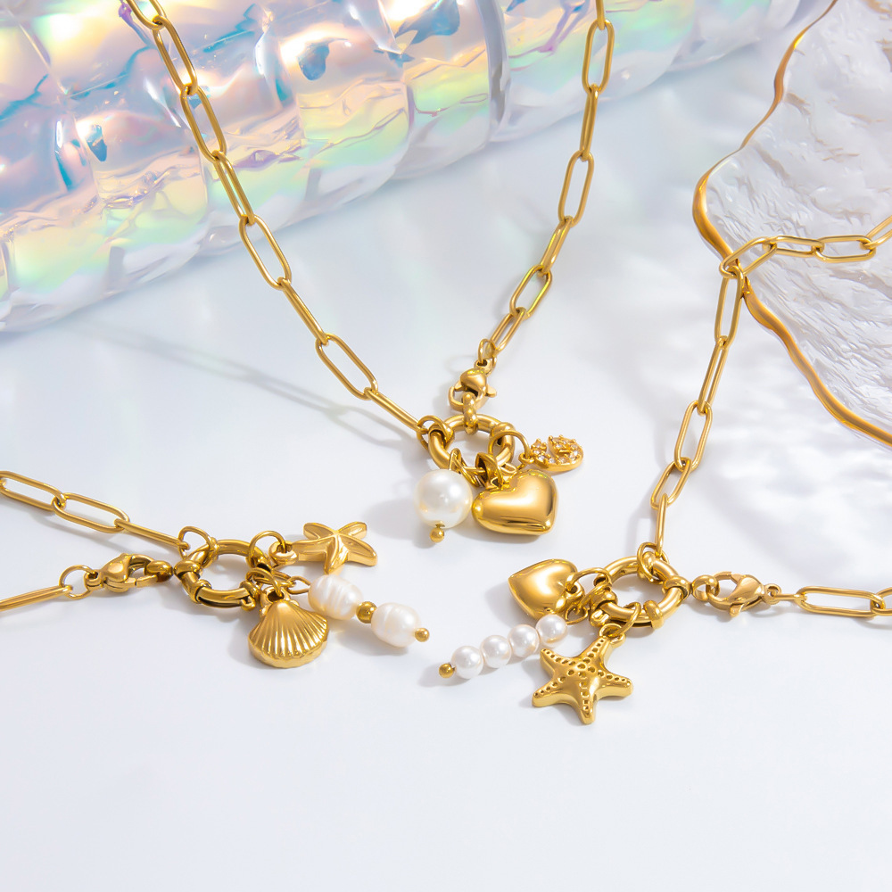 Collier Avec Pendentif En Forme De Cœur, Série Classique, En Acier Inoxydable Plaqué Or , Avec Perles Artificielles, Pour Femme Image5