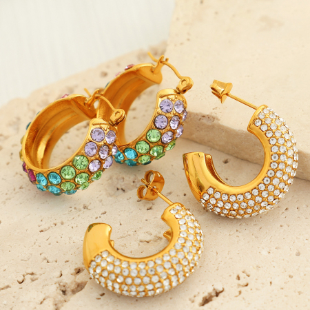 1 paire de boucles d'oreilles puces pour femme, collection luxueuse, simple et géométrique, en acier inoxydable plaqué or avec strass.