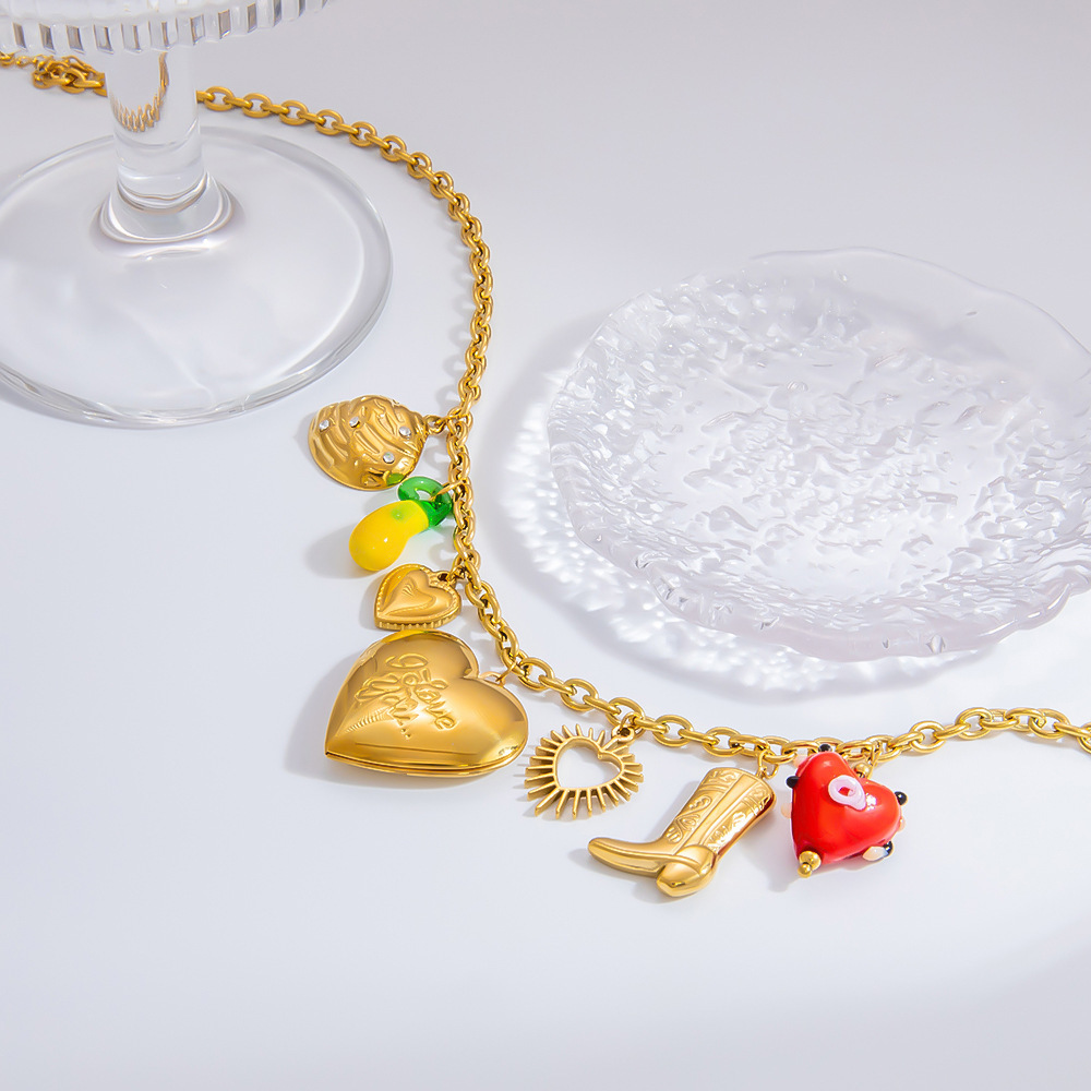 Collier Avec Pendentif En Forme De Cœur En Acier Inoxydable Plaqué Or  Pour Femme, Série Romantique, 1 Pièce Image4
