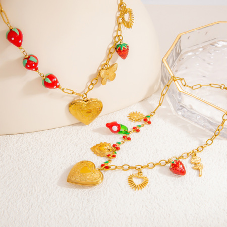 collier avec pendentif en forme de cœur naturel en acier inoxydable plaqué or  pour femme, série romantique, 1 pièce
