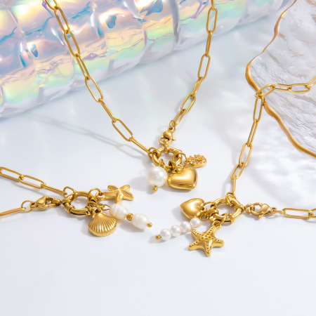 collier avec pendentif en forme de cœur élégant en acier inoxydable plaqué or et perles artificielles pour femme, série simple, 1 pièce 2