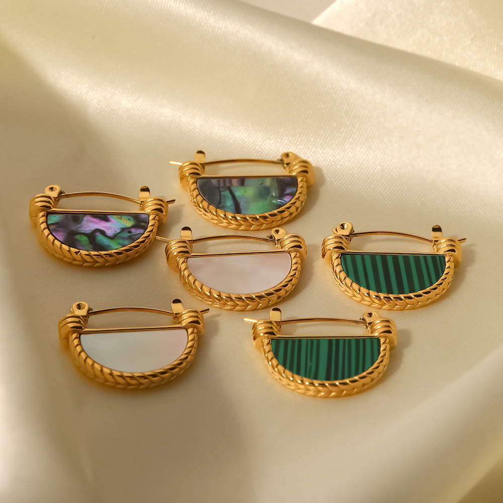 1 Paire De Boucles D'Oreilles Créoles Géométriques Quotidiennes En Acier Inoxydable Plaqué Or  Et Pierres Naturelles Pour Femmes, Série Classique Image8
