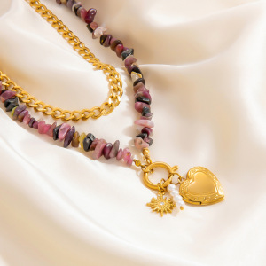 Collier Avec Pendentif En Forme De Cœur Naturel En Acier Inoxydable Plaqué Or  Pour Femme, Série Romantique, 1 Pièce h5 Image9