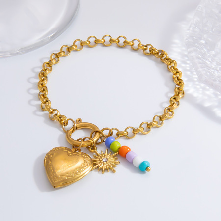 bracelet à breloques pour femme, série classique, en acier inoxydable plaqué or , avec strass, motif cœur quotidien