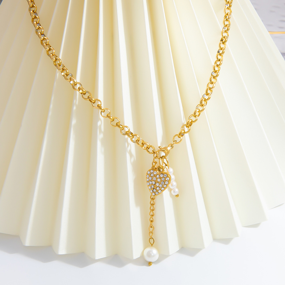 Collier Avec Pendentif En Forme De Cœur Élégant En Acier Inoxydable Plaqué Or  Et Perles Artificielles Pour Femme, Série Luxueuse Image6