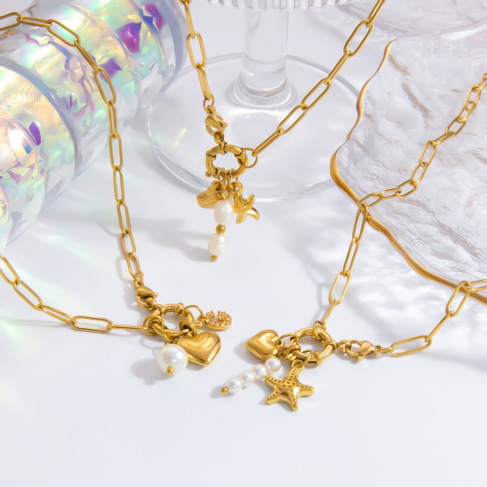 Collier Avec Pendentif En Forme De Cœur Élégant En Acier Inoxydable Plaqué Or Et Perles Artificielles Pour Femme, Série Simple, 1 Pièce h5Image4