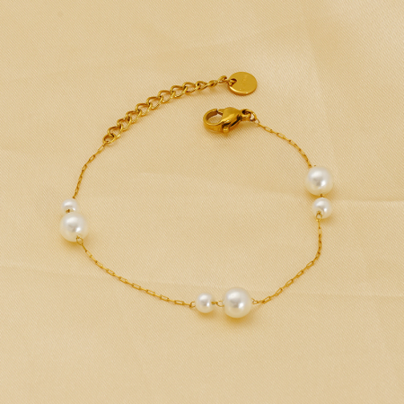 bracelet chaîne en acier inoxydable plaqué or  avec perles artificielles pour femme, 1 pièce
