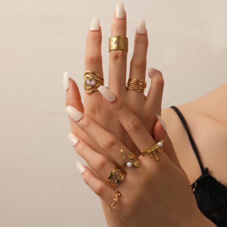 1 paire de bagues simples en acier inoxydable plaqué or  avec strass pour femme, réglables