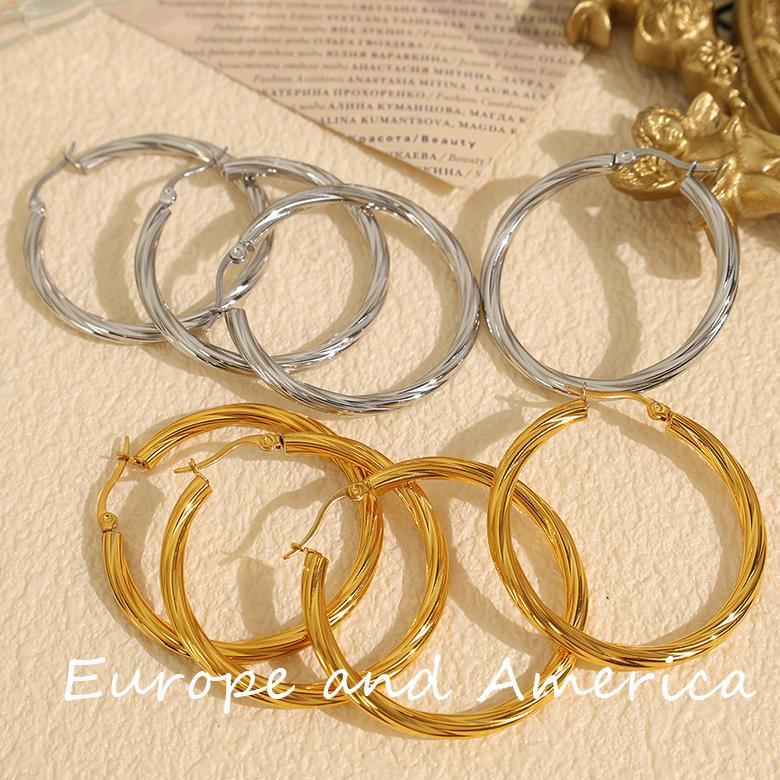 1 Paire De Boucles D'Oreilles Créoles Élégantes Géométriques En Acier Titane Plaqué Or Pour Femmes, Série Classique h5Image4