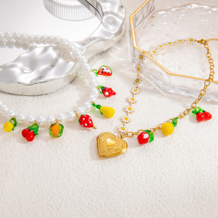 collier avec pendentif en forme de cœur naturel en acier inoxydable plaqué or  pour femme, série romantique, 1 pièce 2