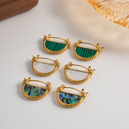 1 paire de boucles d'oreilles créoles géométriques quotidiennes en acier inoxydable plaqué or  et pierres naturelles pour femmes, série classique