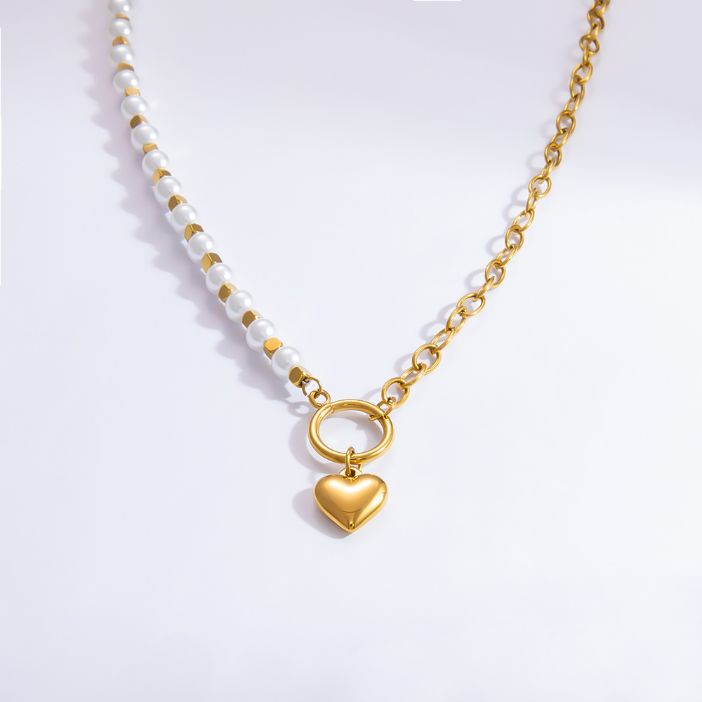 Collier Avec Pendentif En Forme De Cœur Élégant En Acier Inoxydable Plaqué Or  Et Perles Artificielles Pour Femme, Série Luxueuse Image9