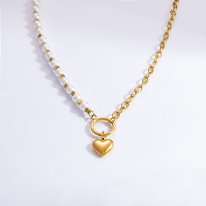 Collier Avec Pendentif En Forme De Cœur Élégant En Acier Inoxydable Plaqué Or  Et Perles Artificielles Pour Femme, Série Luxueuse h5 Image9