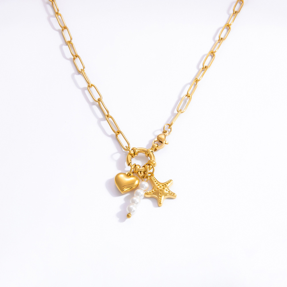 Collier Avec Pendentif En Forme De Cœur Élégant En Acier Inoxydable Plaqué Or Et Perles Artificielles Pour Femme, Série Simple, 1 Pièce h5Image6