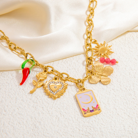 collier avec pendentif en forme de cœur élégant en acier inoxydable plaqué or  pour femme, série romantique, 1 pièce