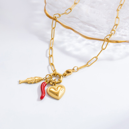 collier avec pendentif en forme de cœur, série classique, en acier inoxydable plaqué or , avec perles artificielles, pour femme 2