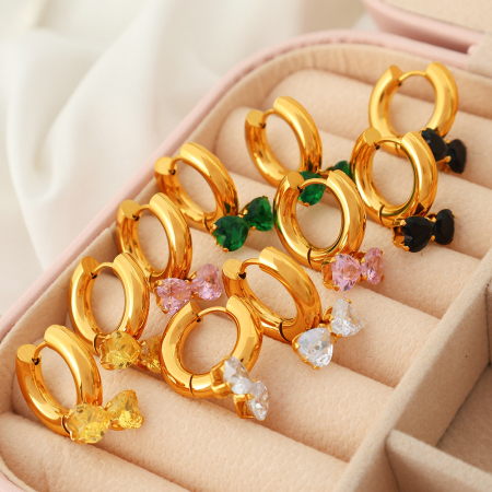 1 paire de boucles d'oreilles pendantes pour femme, série romantique, nœud papillon, en acier inoxydable plaqué or et zircone