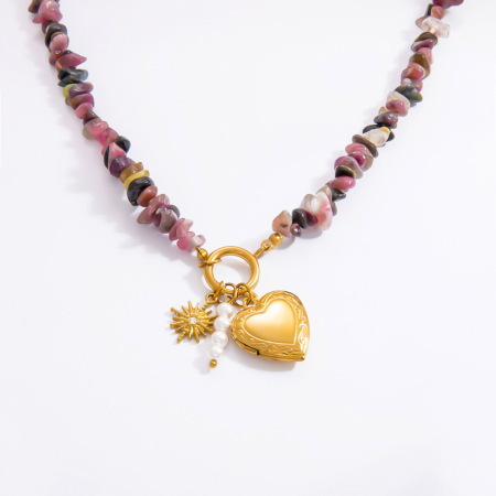 collier avec pendentif en forme de cœur naturel en acier inoxydable plaqué or  pour femme, série romantique, 1 pièce