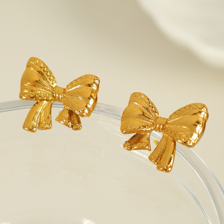 1 paire de boucles d'oreilles à tige en acier inoxydable plaqué or pour femme, série romantique, nœud papillon