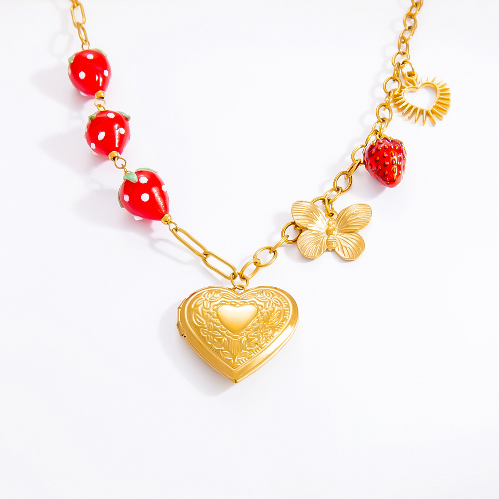 Collier Avec Pendentif En Forme De Cœur Naturel En Acier Inoxydable Plaqué Or  Pour Femme, Série Romantique, 1 Pièce Image8