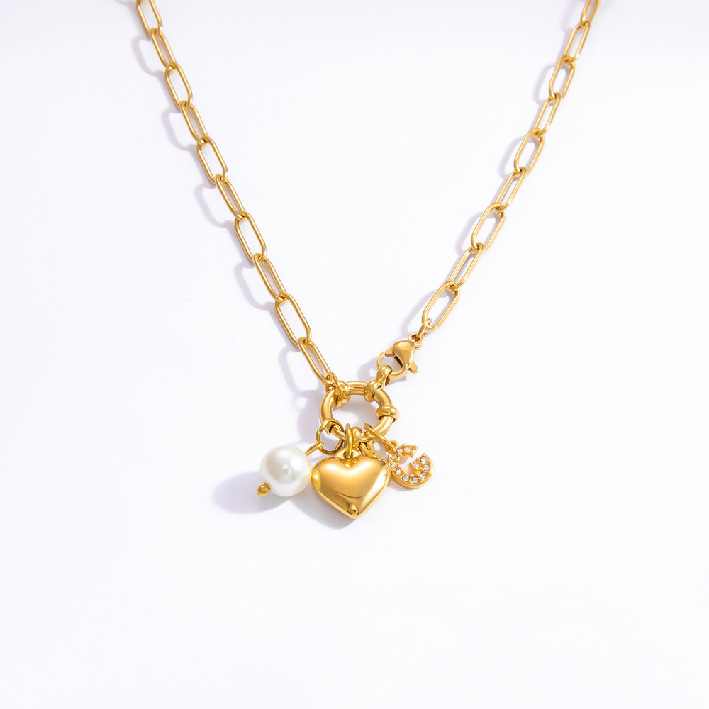Collier Avec Pendentif En Forme De Cœur, Série Classique, En Acier Inoxydable Plaqué Or , Avec Perles Artificielles, Pour Femme Image7