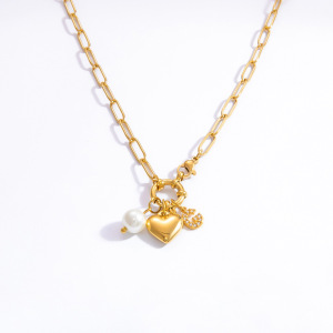 Collier Avec Pendentif En Forme De Cœur, Série Classique, En Acier Inoxydable Plaqué Or , Avec Perles Artificielles, Pour Femme h5 Image7