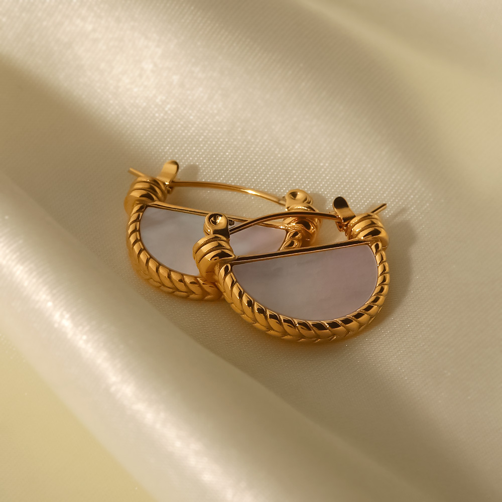 1 Paire De Boucles D'Oreilles Créoles Géométriques Quotidiennes En Acier Inoxydable Plaqué Or  Et Pierres Naturelles Pour Femmes, Série Classique Image5
