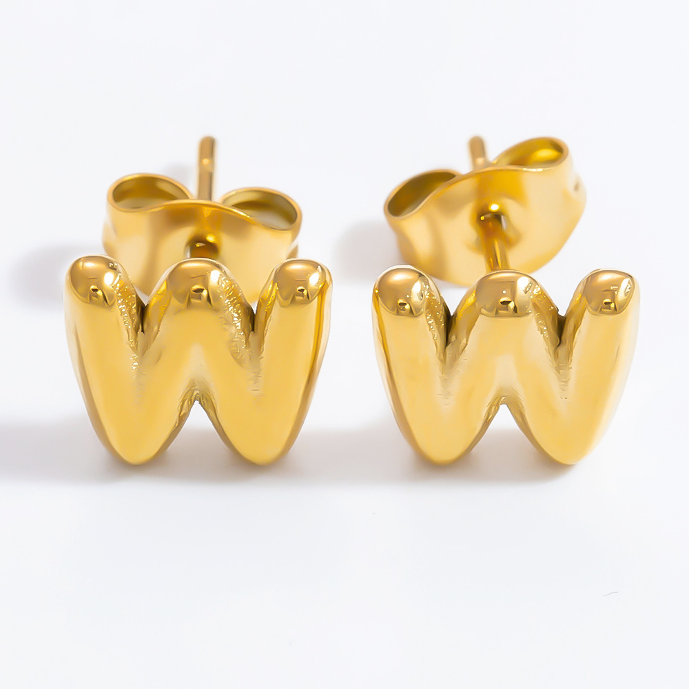 1 Paire De Boucles D'Oreilles Puces Pour Femme, Collection Simple Series, En Acier Inoxydable Étanche, Couleur Or, Avec Lettres Assorties. h5Image9
