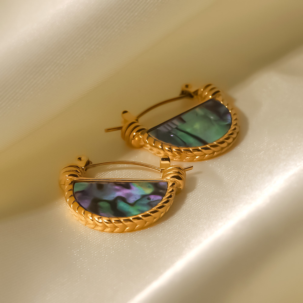 1 Paire De Boucles D'Oreilles Créoles Géométriques Quotidiennes En Acier Inoxydable Plaqué Or  Et Pierres Naturelles Pour Femmes, Série Classique Image7