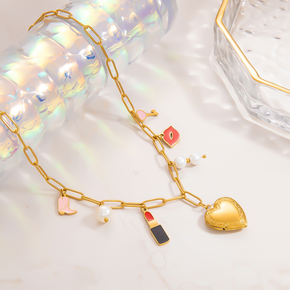Collier Avec Pendentif En Forme De Cœur Classique En Acier Inoxydable Plaqué Or , Série Romantique, Pour Femme, Avec Perles Artificielles Image4