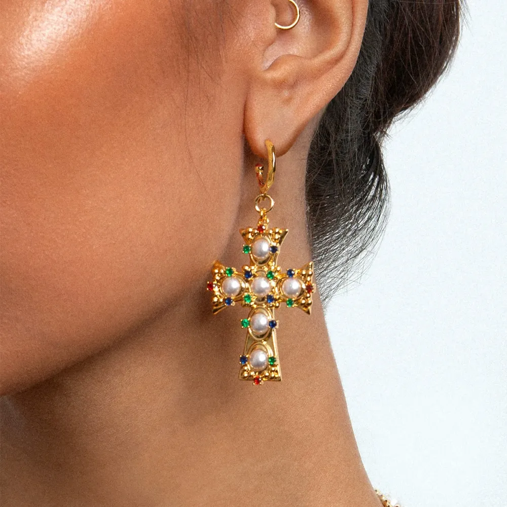 1 Paire De Boucles D'Oreilles Pendantes Pour Femme, En Acier Inoxydable Doré, Couleur Or, Forme Croix Colorée Et Raffinée, Collection De Luxe Image4