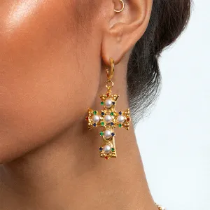 1 Paire De Boucles D'Oreilles Pendantes Pour Femme, En Acier Inoxydable Doré, Couleur Or, Forme Croix Colorée Et Raffinée, Collection De Luxe h5 Image4