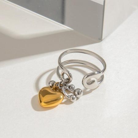 Bague simple pour femme, pendentif cœur de la collection romantique, en acier inoxydable étanche, coloris or et argent.