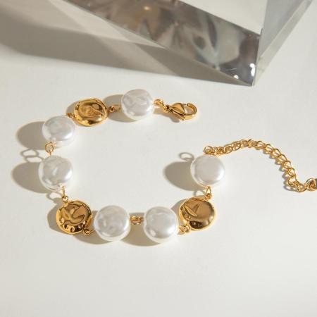 Bracelet de perles rétro rond en acier inoxydable étanche couleur or pour femme (1 pièce)