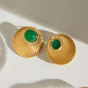 1 Paire De Boucles D'Oreilles Puces Classiques Vintage Annulaires En Acier Inoxydable Doré Étanche Avec Pierre Naturelle, Collection Luxe Pour Femmes h5 Image5