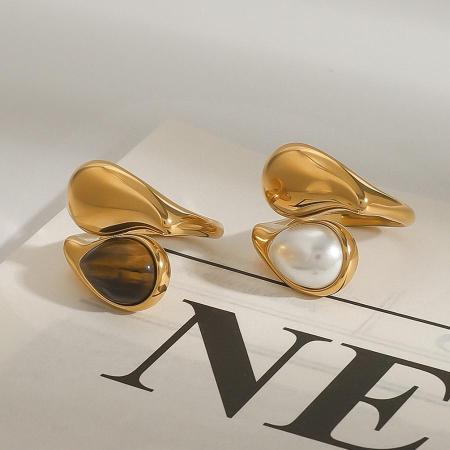 Bague ajustable pour femme, en acier inoxydable doré, ornée d'une pierre naturelle en forme de goutte (1 pièce), collection classique.