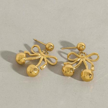 Boucles d'oreilles pendantes pour femme, collection romantique, motif cerise, en acier inoxydable étanche, couleur or.