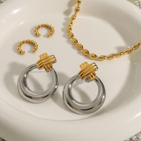 1 paire de boucles d'oreilles puces annulaires modernes pour femme, en acier inoxydable étanche, couleur or et argent.