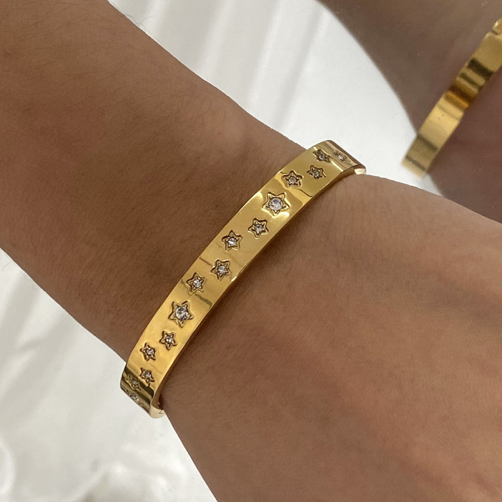 Bracelet Jonc Femme Élégant, Rond, Pentagramme, En Acier Inoxydable, Étanche, Couleur Or (1 Pièce) Image6
