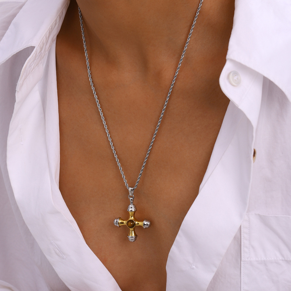 Collier Pendentif Femme Moderne En Acier Inoxydable, Couleur Or Et Argent, Avec Croix Naturelle Légère (1 Pièce) Image7