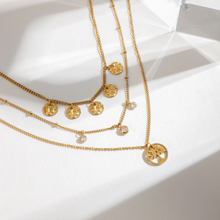 Collier à plusieurs rangs pour femme, collection Natural Series Elegant Tree, en acier inoxydable étanche couleur or (1 pièce)