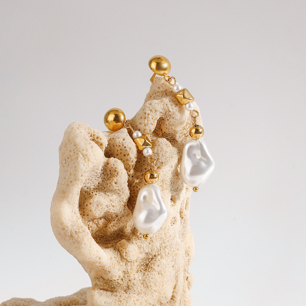 Boucles D'Oreilles À Perles Pour Femme, Collection Romantique, En Acier Inoxydable Doré, Imperméables, De Forme Irrégulière Et Raffinée. Image6