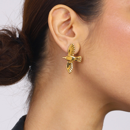 Boucles d'oreilles puces pour femme, collection romantique, en forme d'oiseau, en acier inoxydable, couleur or, étanches, parfaites au quotidien (1 paire). 2