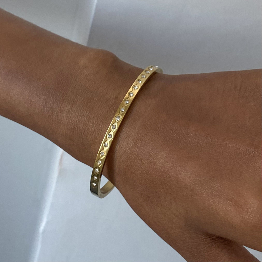 Bracelet Jonc Femme Style Rétro Français Classique, Rond, En Acier Inoxydable, Couleur Or, Étanche, À Motif Losange. Image6