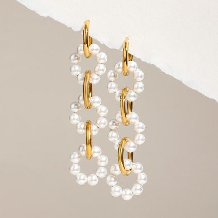 Boucles d'oreilles pendantes élégantes et rondes en acier inoxydable doré, imperméables, pour femme, collection Luxe, 1 paire.
