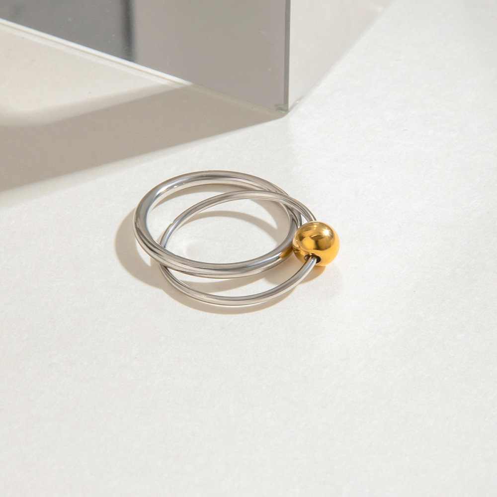 Bague Simple Pour Femme, Double Ronde, En Acier Inoxydable Étanche Couleur Or, Collection Moderne, 1 Pièce. h5Image5