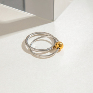 Bague Simple Pour Femme, Double Ronde, En Acier Inoxydable Étanche Couleur Or, Collection Moderne, 1 Pièce. h5 Image5