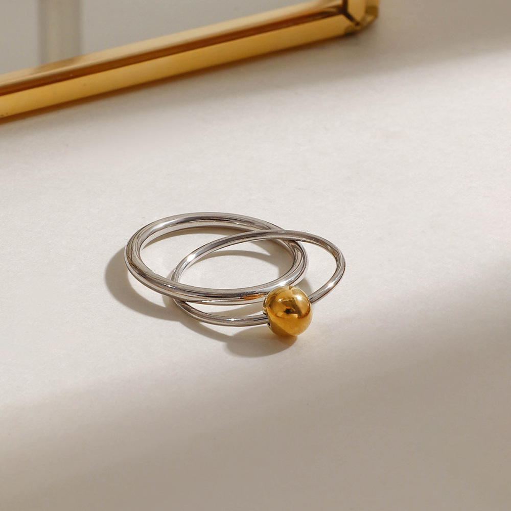 Bague Simple Pour Femme, Double Ronde, En Acier Inoxydable Étanche Couleur Or, Collection Moderne, 1 Pièce. h5Image2