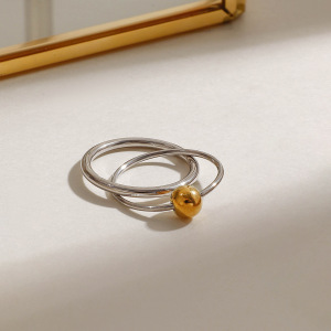 Bague Simple Pour Femme, Double Ronde, En Acier Inoxydable Étanche Couleur Or, Collection Moderne, 1 Pièce. h5 Image2